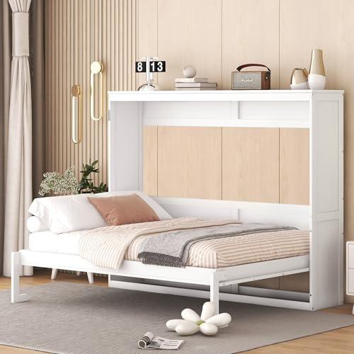 Merax Modern Farmhouse Solid Wood Murphy Bed Chest, Wall Bed with Wood Slat Support/No Box Spring Needed/Space Saving/Full,White