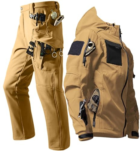 YKS JOOB Men's Fleece Lined Military Uniform Waterproof Tactical Jacket and Pant Set Hunting Hiking 2PC Combat Outfit Khaki L