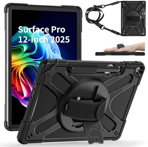 Zenrich Rugged Case for Microsoft Surface Pro 12 Inch 2025 | Protective Case with 360°Rotating Kickstand Hand Strap Pen Holder & Shoulder Strap, Compatible with Type Cover Keyboard