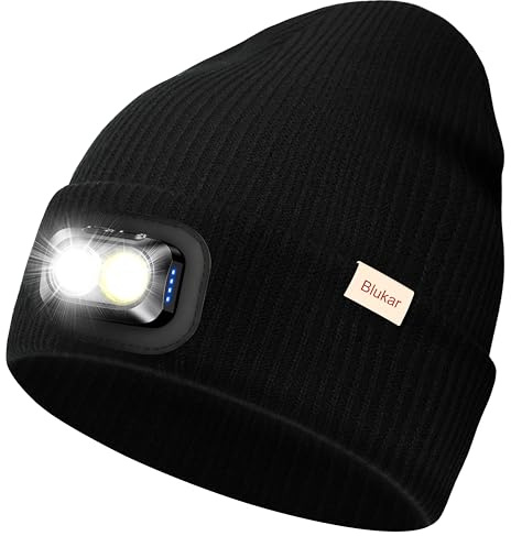 Blukar LED Cappello Illuminato con Luce, 2 in 1 Super Luminoso Cappello Berretto da Corsa, 5 Modalità,Ricaricabile, Caldo Invernale Torcia Lampada Luce Frontale Regalo per Uomo e Donna,Fascia Inclusa