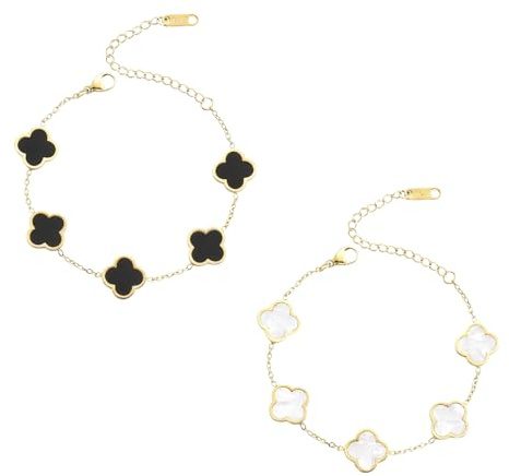GAZIL Kleeblatt Armband 2er Set - 18K Vergoldet Vierblättriges Kleeblatt Armbänder Schmuck Geschenk für Paare & Freunde in Schwarz & Weiß (Titanstahl)