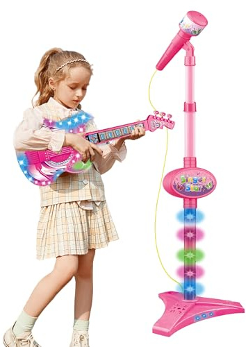 Musikalisches Gitarrenspielzeug für Kinder, Gitarre mit interaktivem Sound, beleuchteter Mikrofonständer, höhenverstellbar, Musikspielzeug für Kleinkinder, Gesang, Lernen,