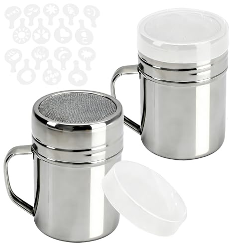 Hoypeyfiy 2 PCS Stainless Steel Powder Shakers with Handles, 10oz Capacity and 16 Printing Molds, Ideal for Sugar, Cocoa, and Spices in Baking and Coffee (Round)