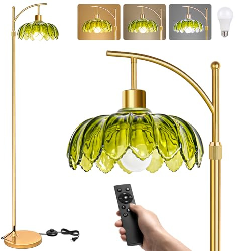Davalampa Gold Arc Floor Lamp for Bedroom Living Room Office | Green Glass Flower Lamp, Dimmable, Adjustable, Vintage, Boho, Tall Floor Standing Lamp for Reading/Nursery/Housewarming Decor
