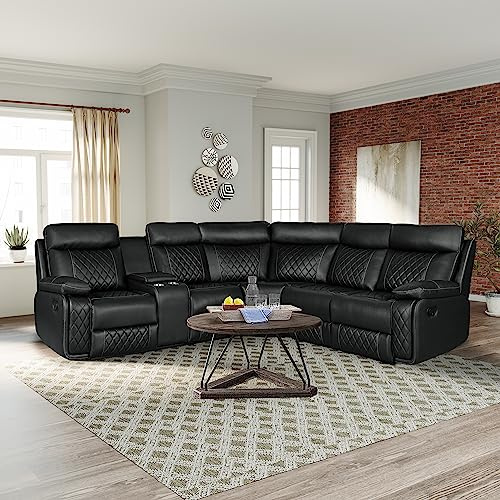 ERYE Modern Manual Reclining Corner Sectional Sofa,L-Shaped Faux Leather Upholstered Motion Recliner Sofa Couch W/Storage Console and 2 Cup Holders for Living Room Home Theater