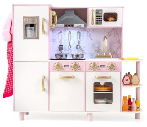 COSTWAY Kids Kitchen Playset, Wooden Pretend Play Kitchen with Lights & Sounds, Microwave, Ice Maker, Dessert Table, Cookware, Interactive Little Chef Pretend Toy for 3+ Years Old