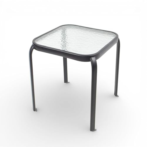 Pincho Mesa Exterior Mesa Terraza, Table Jardín, Mesita Auxiliar Balcón, Cristal Templado Texturizado, Mueble Exterior Metal Negro con Esquinas Redondeadas - 40x40x45 cm Cuadrada Patio Porche