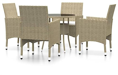 Foknhdi 5-TLG. Poly-Rattan Gartenmöbel-Set Beige 80 cm runder Tisch gepolsterte Cremeweiße Sitzkissen Robust & Modern für Balkon Terrasse Wintergarten