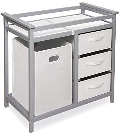 Badger Basket Modern Baby Changing Table - Nursery Furniture with Laundry Hamper and 3 Storage Drawers - Diaper Changing Station with Safety Belt, Changing Pad, and Organizer Baskets - Gray and White