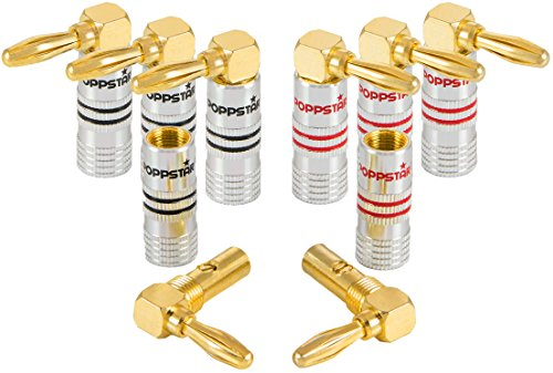 Poppstar 8x High End Bananenstecker gewinkelt (bis 6 mm², 24k vergoldete Kontakte, 4x schwarz, 4x rot)