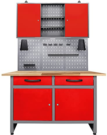 Ondis24 Werkstatteinrichtung rot Set LED Beleuchtung aus 1x Werkbank, Werkzeugschrank, Euro Lochwand 22 Haken