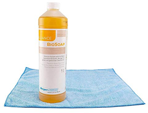 Berger Seidle Premium-Parkettpflegeset | Classic BioSoap Weiss | Holzbodenseife Parkettpfegemittel | für weiß geölte Böden| + superweiches Poliertuch (1 Liter)
