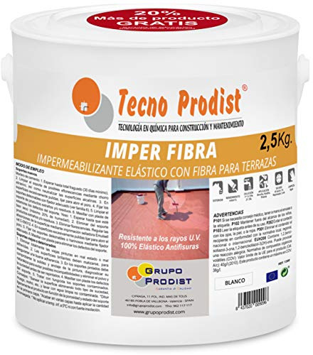 IMPER FIBRA de Tecno Prodist - (2,5 Kg, BLANCO) Pintura Terrazas Impermeabilizante y elástica con Fibras Incorporadas - Gran cubrición - (A Rodillo o brocha, disponible en color rojo o blanco)