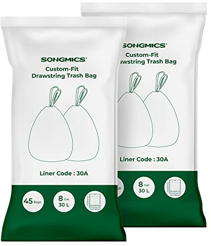 SONGMICS Müllbeutel mit Zugband, hochbelastbar, Müllsäcke für 30 Liter Mülleimer, bereits getrennt, Code 30A, 2 Rollen, insgesamt 90 Stück, weiß KRB30A02