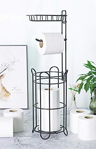 Vinsani Freestanding Toilet Roll Holder for 4 Spare Rolls, Stainless Steel | Anti-Slip Bathroom Toilet Paper Roll Holder with Storage for Phone or Air Freshener, Waterproof & Rustproof - Black
