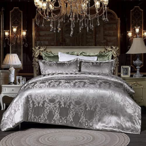 DXHOME Satin Bettwäsche 135x200 4teilig Silber Grau Blumen Blumenmuster Seiden Deckenbezug Glatt Luxus Jacquard Graue Bettbezug Luxuriös Romantisch Wendebettwäsche Set mit Kissenbezug 80x80cm