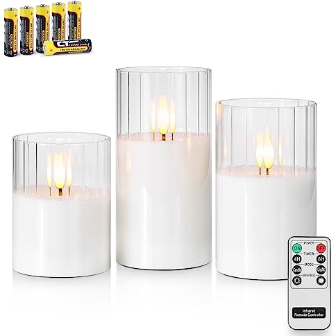Rhytsing 3 Velas led de Cristal Rayas Verticales Transparentes con Mando a distancia, Velas a Pilas con Temporizador Decorativas para Bodas e Iglesias, Altura 10cm / 12,5cm / 15cm (Transparentes)