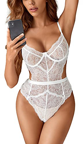 EVELIFE Body Femme Dentelle Sexy Teddy Lingerie Col V Dos Nu sous-Vêtements De Nuit (Blanc, XXL)
