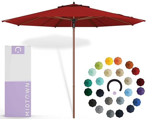 Midtown Umbrellas The Wooden 9 Feet Patio Umbrella With Sunbrella Red Acrylic Fabric - Aluminum Frame Market Umbrella For Backyard, Deck, Garden, Pool - Wooden Pole
