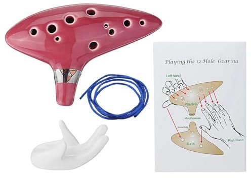 12 Holes Alto C Ocarina Ceramic Vessel Flute Wind Musical Instrument with Musicbook Lanyard Display Stand for Beginners (Color : Red)