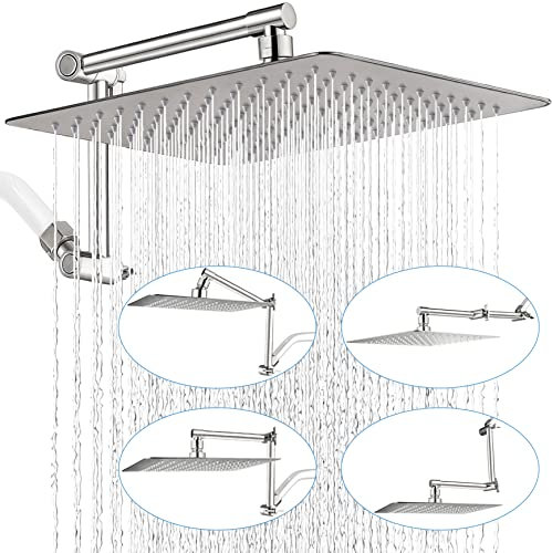 G-Promise Alcachofa de ducha de lluvia de metal de 12 pulgadas con brazo de extensión ajustable de 15 pulgadas, cabezal de ducha de lluvia de alta presión, aspecto moderno de lujo, cuadrado grande