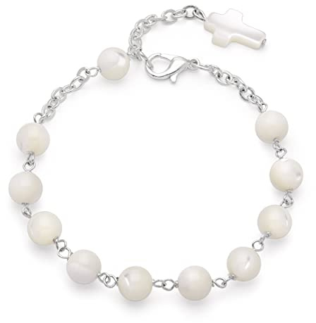 Mondo Cattolico - Pulsera rosario religiosa en cuentas de madera de olivo o cuentas de Agua Dolce o Nàcar - Espíritu Santo y Virgen Milagrosa y crucifijo