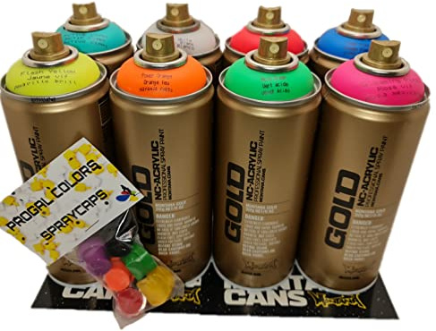 PROGAL COLORS Montana Cans - Montana Gold - Lot de 8 couleurs fluo fluo 400 ml et 6 têtes de rechange - Peinture en spray UV, brillant avec lumière noire