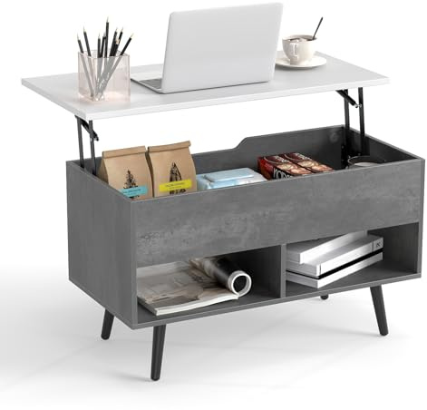 COSTWAY Lift Up Top Coffee Table, Wooden Lifting Cocktail Center Table with Hidden Storage Compartment and Open Shelves, Rectangle Accent Sofa Side Tea Tables for Living Room Office (Grey)