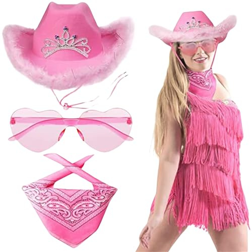 HIQIU 3 Stück Cowboy Hut Damen Set, Cowgirl Hut Damen mit Bandana Partybrille Accessoires Für Wilder Westen Kostü Karneval Mottoparty