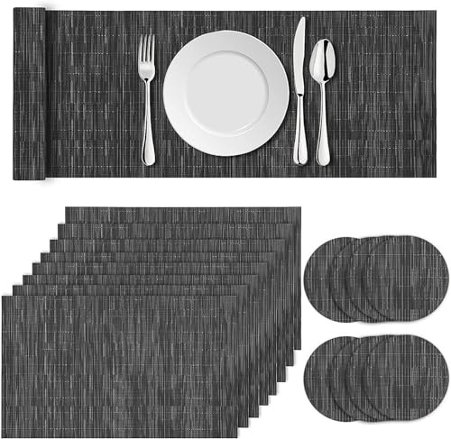AZKEEGREY 17er Set Tischsets Platzsets Abwaschbar, Platzdeckchen Schwar | Hitzebeständig, 8er Platzsets mit 8er Untersetzer und 1er Tischläufer, Rutschfest für Restaurant Hotel Küche Speisetisch