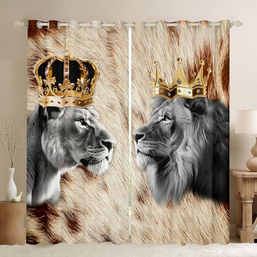 feelingyou 3D Löwe Paar Fenster Vorhänge, Goldener König und Königin Krone Home Decor Vorhänge, Kuhfell-Druck afrikanische Tier Durable Fenster Vorhänge für Kinder,2 Platten, M Größe