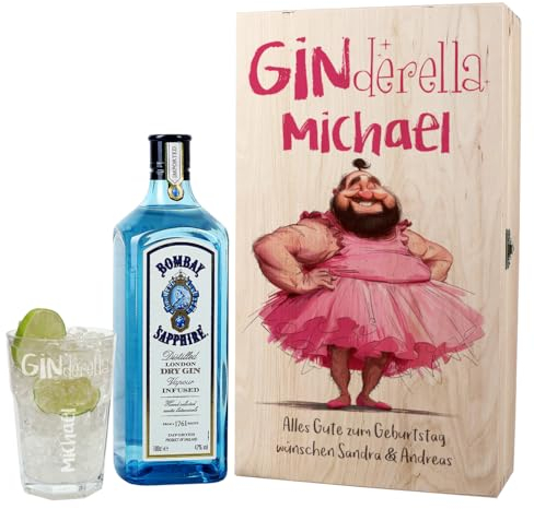 Herz & Heim® Gin Geschenkset mit graviertem Longdrinkglas & 1l Gin in Holzverpackung (GINderella)