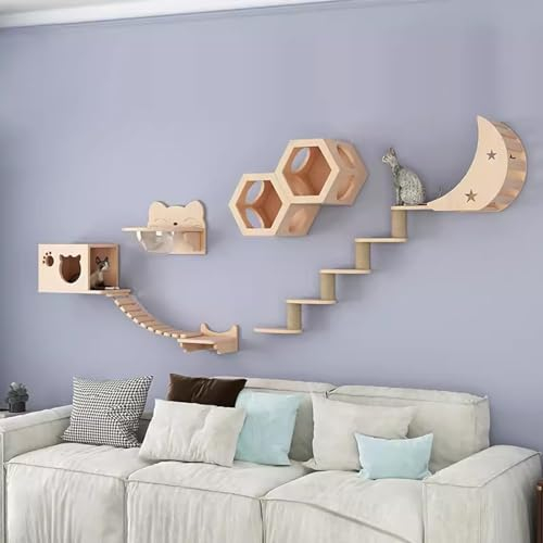 Gtzly Kletterwand Katzen, Katzen-Wandregal-Set, Schwebender Kletterwand-Spielkletterer Aus Holz, Wandmontierte KatzenmöBel for Katzen Bis Zu 15 Kg Als Geschenk (Color : Set 6)