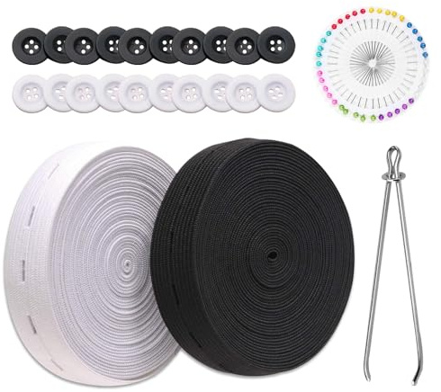 WUERKIYA 2 Rollos De Banda Elástica De 10m con Ojales De Botón, Banda De Costura Plana Goma De Pantalón Ancha De 20 mm, Banda Elástica Ancha para Accesorios De Costura Manualidades DIY