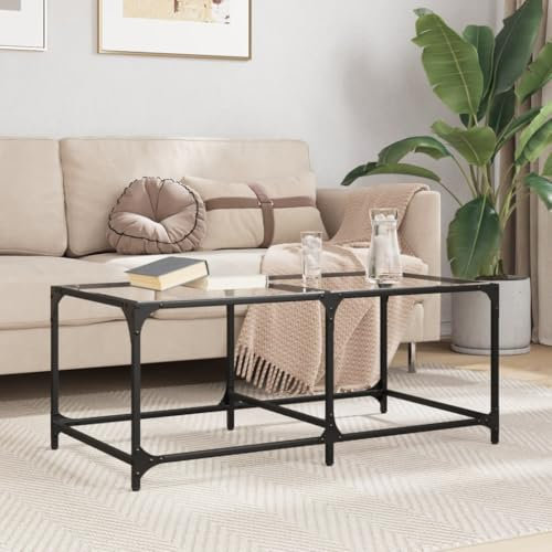 HofnbE Couchtisch 98,5x50x40 cm Kaffeetisch Satztisch WohnWartebereich Tisch Modernes Design Telefontisch Holzwerkstoffe&Stahl&Glas Transparentes Glas