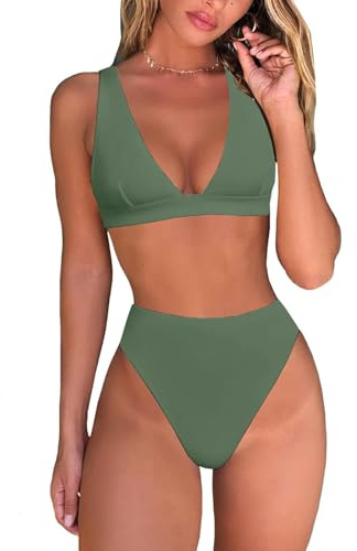 Cool Summer Conjunto de Bikini de Tanga de Talle Alto para Mujer, Top Triangular Brasileño Sexy, Trajes de Baño de Dos Piezas Con Cuello En V Profundo, Adecuado para Fiestas En La Playa