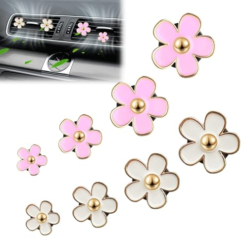 8 Stück Car Accessories Interior für Lüftung Sschlitze für Autos, Weiß Rosa | Gänseblümchen-Blumen-Auto-Lufterfrischer-Clip, Frische die Luft im Auto, für Auto Wohnzimmer