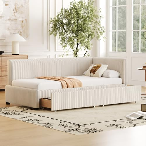 Merax Schlafcouch 90 x 200 cm, Schlaffunktion Schlafsofa mit Schubladen, Polsterbett mit Lattenrost, Samtstoff, Beige (Ohne Matratze)