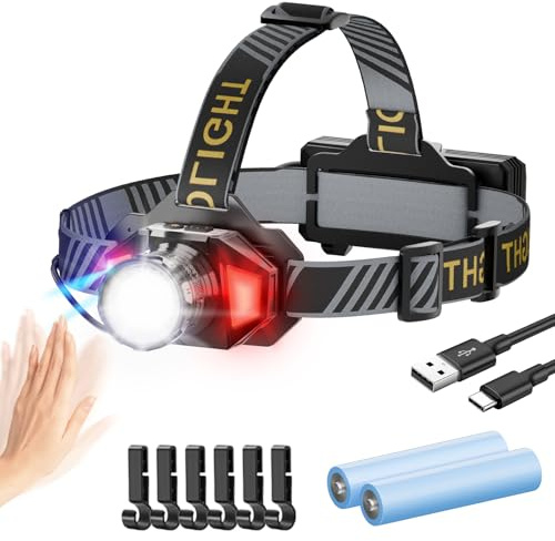 Sanario LED Stirnlampe Wiederaufladbar, 36000 Lumen Ultra Kopflampe Stufenlos Dimmbar mit 8 Modi, Sensor & Rotlicht, 90° Einstellbar, IPX4 Wasserdicht, für Camping, Angeln