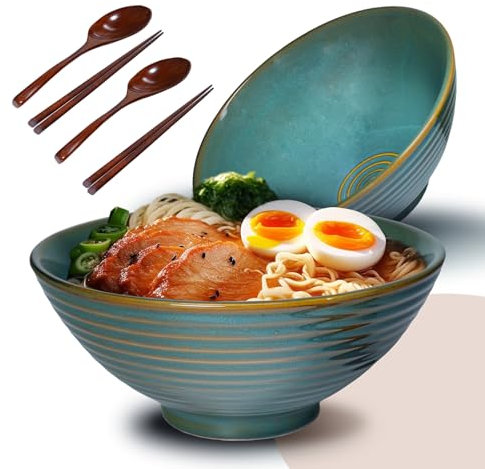 HAPLOVE Set of 2 Ceramic Ramen Bowls with Chopsticks and Spoons, 1000ml Large Capacity, Ideal for Ramen, Noodles, Soups, Pasta, Microwave and Dishwasher Safe, Japanese Style