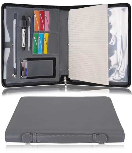Wonderpool A4 Reißverschluss Dokumentenmappe Leder PU Schreibmappen Portfolio Ringbuch Klemmbretter Padfolio Tasche für Geschäftsreisen Präsentationsmappe Organizer (Grau)