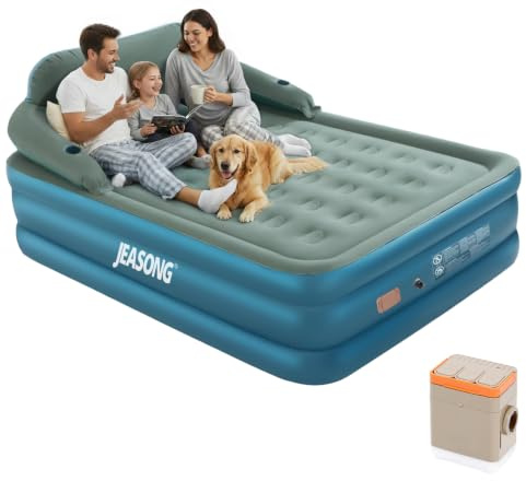 JEASONG Air Bed with Built in Battery Pump & Headboard Self Inflating Mattress, 52cm High Raised Blow Up Mattress Inflatable Mattress King Size Airbed, Inflatable Bed Air Mattress Double 203x152+52cm