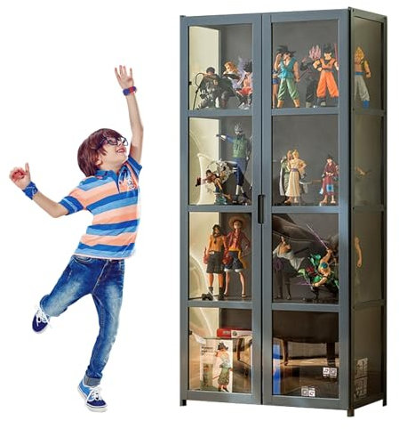 errtsdb Wandvitrine für Sammlerstücke, Multifunktionale Staubdichte Glasvitrine, Doppeltürige Acryl-Vitrine Sammlervitrine für Sammlerstücke, Bücher(62x33x130cm/Grau)