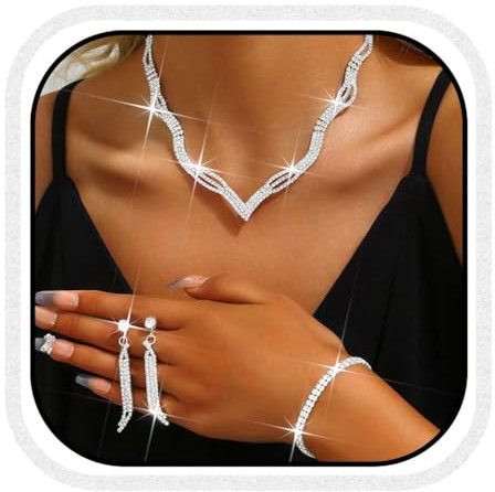 Reaky Brautschmuck-Set, silberne Strass-Ohrringe und Halskette, Hochzeits- und Abschlussball-Schmuckset für Frauen (3er-Pack) (Silber)