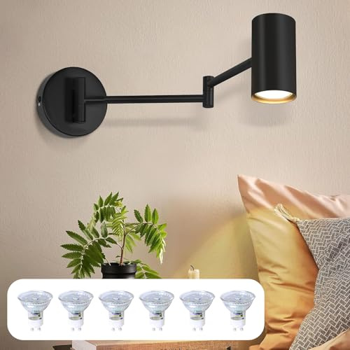 Homefire Wandleuchte Innen Wandlampe Schwarz Wandbeleuchtung Vintage | Wandstrahler Schlafzimmer Wandlicht Schwenkbar Metall Treppenhaus Retro Mit 6 GU10-Leuchtmitteln für Küche Wohnzimmer Flur