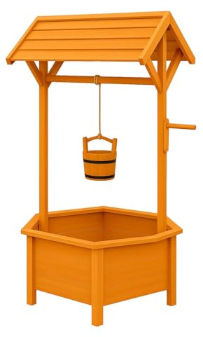 RANRHA Wooden Wishing Well Planter with Hanging Bucket – Rustic Garden Ornament for Plants & Flowers – Outdoor Patio & Yard Decoration