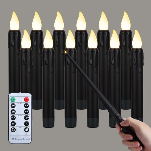 FREEPOWER 12 flytande LED-ljus, svart med trollstav – fjärrkontroll och timer – varmvitt flimmer – batteridrivna stavljus, 17 cm – vattentät utomhus