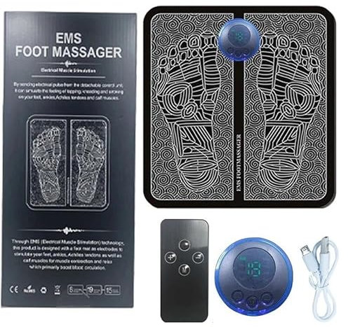 EMS Foot Massager with 19 Intensity Level & 8 Modes, Electric Rechargeable Feet Spa, Remote Control Massager for Foot, Back & Leg Pain Relief, Muscle Relaxation, Improved Circulation with LCD Display