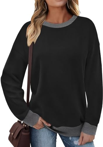 Cuptacc Maglietta Donna Maniche Lunghe Primavera Senza Cappuccio Moda Color Block Pullover Girocollo Elegante Coste Oversize Felpa Donna Nero S