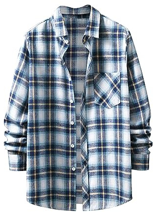 Chemise à carreaux pour homme, manches longues, boutonnée, coupe ajustée, t-shirt ample et décontracté pour randonnée, voyage, Chemise à carreaux bleu ciel pour homme, M